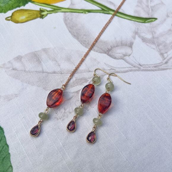 Amber Garnet Wine Red Crystal Glass Cantaloupe Fruit Green Casual Jewelry Set - Picture 2 of 6